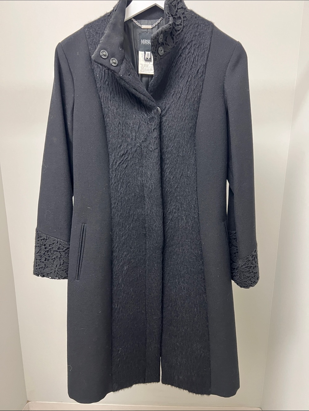 Versus By Versace Black Wool-Blend Long Coat with Lace Cuffs